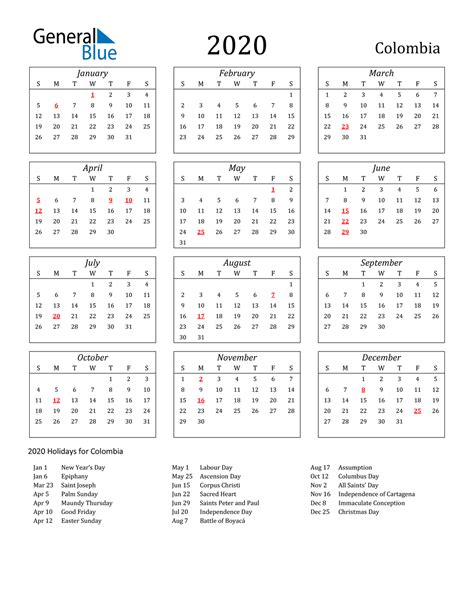2020 Colombia Calendar With Holidays