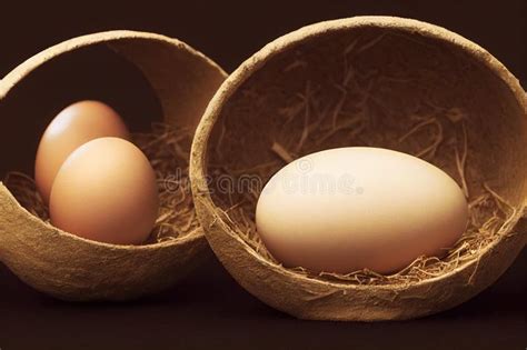 Nests With Eggs And Chicken Hatching From Egg On Hay On Farm Stock