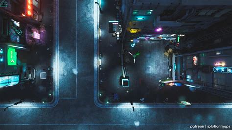 An Aerial View Of A City Street At Night With Neon Lights On The