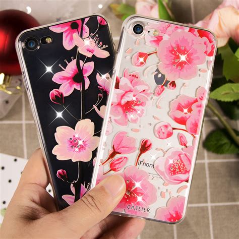Caseier Rhinestone Phone Case For Iphone 7 8 6 6s Plus Cute Girly Floral Patterned Cases For