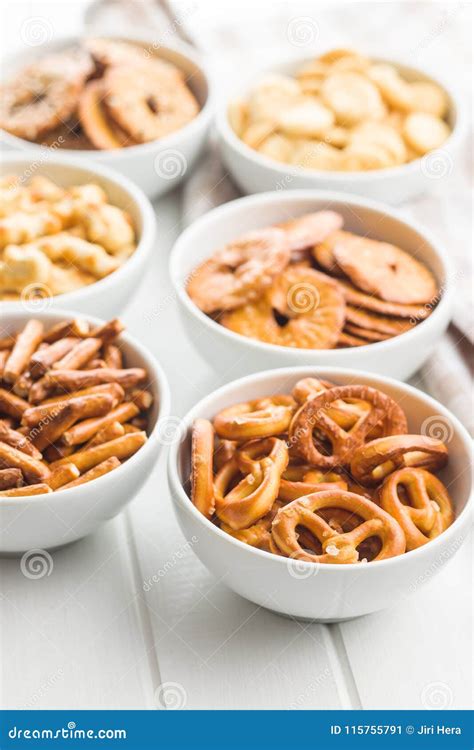 Mixed Salty Snack Crackers And Pretzels Stock Image Image Of Golden