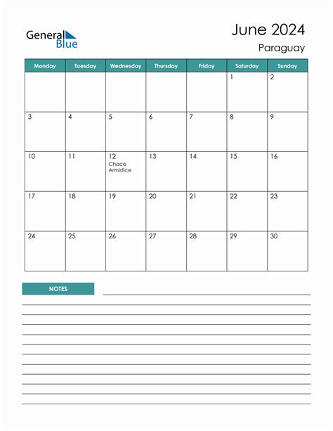 Monthly Planner With Paraguay Holidays June 2024
