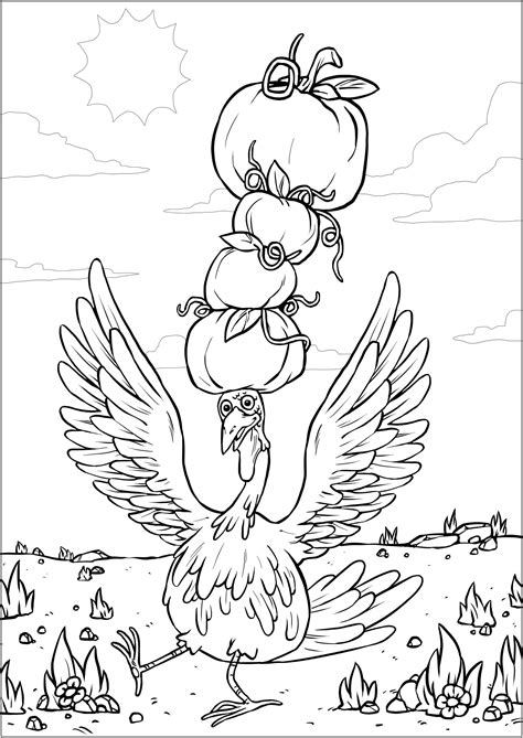 Turkey And Pumpkins Thanksgiving Kids Coloring Pages