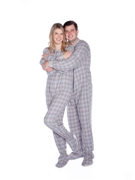 Grey And White Plaid Flannel Mens Adult Footed Pajamas Drop Seat Footed