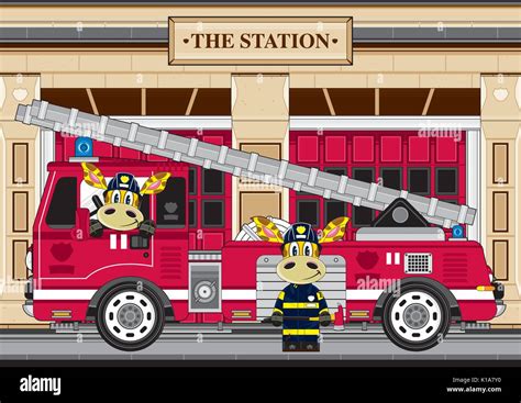 Cute Cartoon Giraffe Fireman Firefighter And Fire Truck Vector Illustration Stock Vector Image