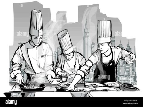 Chefs In A Restaurant Kitchen Cooking Vector Illustration Stock