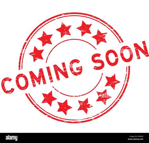 Grunge Red Coming Soon With Star Icon Round Rubber Stamp On White