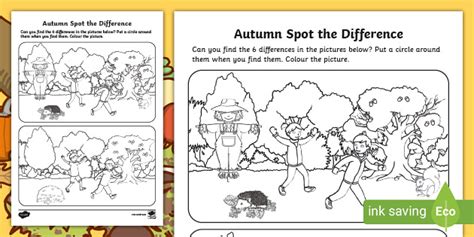 Autumn Spot The Difference Colouring Worksheet Twinkl