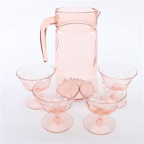 Vintage Pink Glass Pitcher And Depression Glass Champagne Coupes Pink