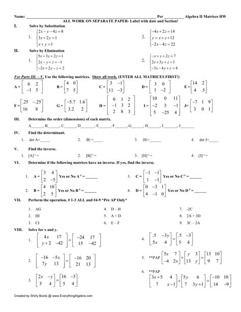 Matrix Algebra Worksheet