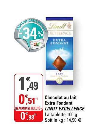 Offre Chocolat Au Lait Extra Fondant Lindt Excellence Chez G20