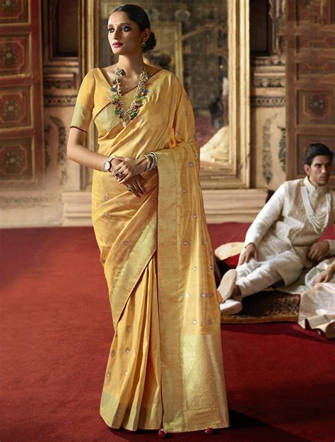 Mustard Yellow Silk Jacquard Woven Saree With Blouse Brithika Luxury