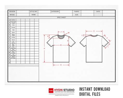 T Shirt Size Spec Sheet For Tech Pack Techpack Template Etsy