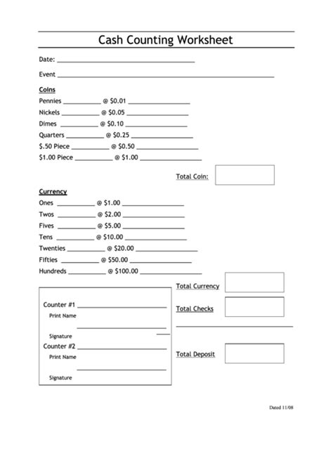 Printable Cash Count Form Printable Forms Free Online