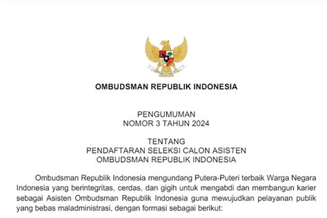 Ombudsman RI Buka Lowongan Kerja Calon Asisten Simak Persyaratannya