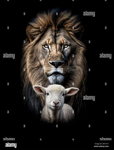 Lion And The Lamb Biblical Symbolism On A Black Background God