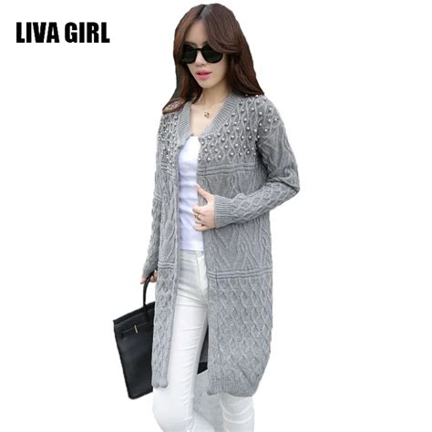 women long cardigan 2017 autumn winter bead pearl long knitted sweaters outwear casual loose