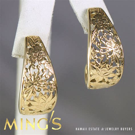 Mings Hawaii Rare Four Seasons Semi Hoop 14k Yellow Gold Earrings
