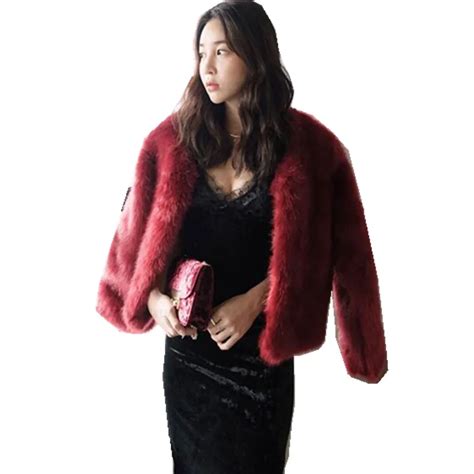 sexy wine red v neck long hairy shaggy faux fox fur jackets winter woman long sleeve loose faux