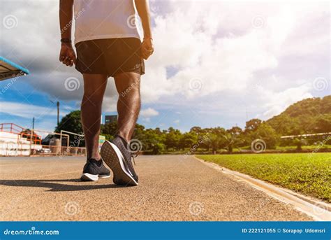 Sport Runner Black Man Wear Feet Active Ready To Running Training Stock