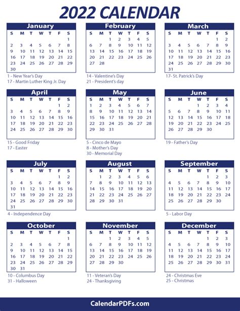 2022 Printable Yearly Holiday Calendar On One Page Download And Print