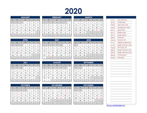 2020 Australia Yearly Excel Calendar Free Printable Templates