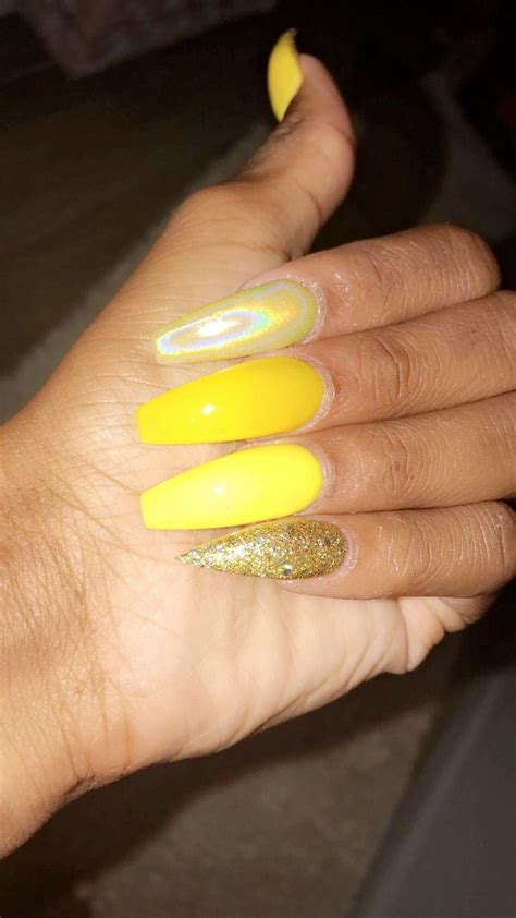 Yellow Holographic & Glitter | Nails, Yellow nails ... Acrylic nails — nail enhancements made by combining a liquid acrylic product with a powdered acrylic product — have a staying power in the any modern woman interested in short acrylic nails will be pleased to learn that there is a seemingly endless variety of styles.