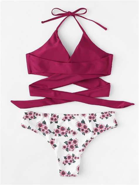Wrap Halter Top With Floral Bikini Setfor Women Romwe Floral Bikini Set Floral Bikini Bikinis