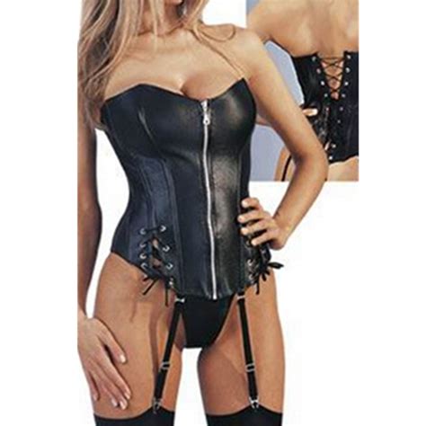 Black Strapless Faux Leather Sexy Corset Front Zipper Women Bustier