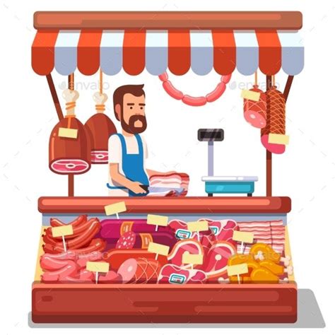 Local Market Farmer Selling Fresh Meat Flat Illustration