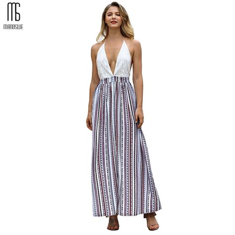 Summer Women Sexy Backless Beach Striped Maxi Dress White Lace Vestidos V Neck Long Dresses 2019