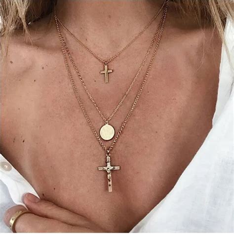 New Bohemian Multilayer Double Cross Pendant Necklace For Women Vintage