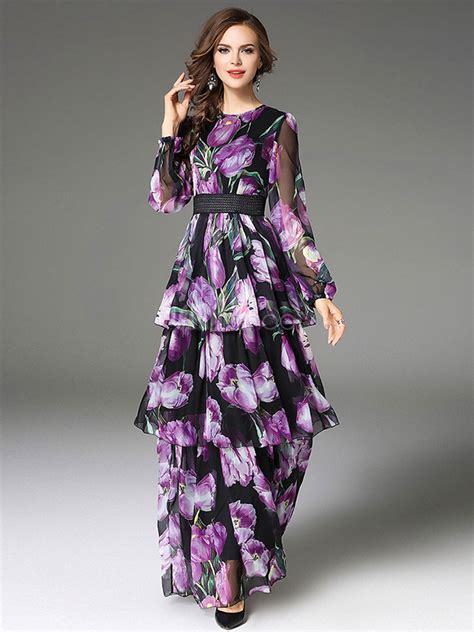 Floral Maxi Dress Long Summer Dress Long Sleeve Layered Tiered Purple