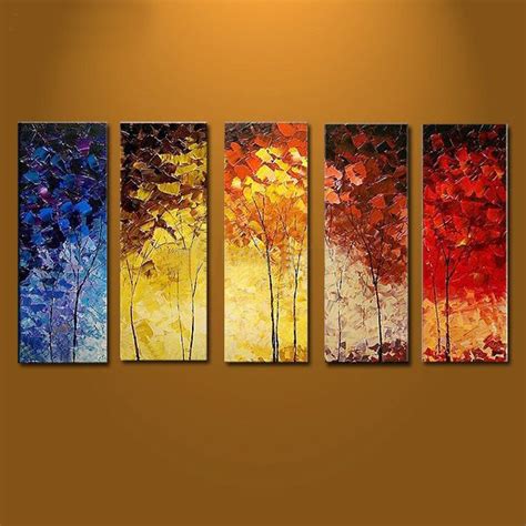 Hand Painted Tree Oil Painting With Stretched Frame Set Of 5 Wall