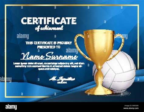 Volleyball Certificate Diploma With Golden Cup Vector Sport Award