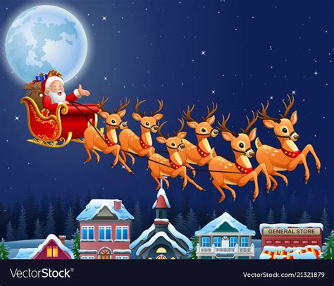 santa claus riding his reindeer sleigh flying over