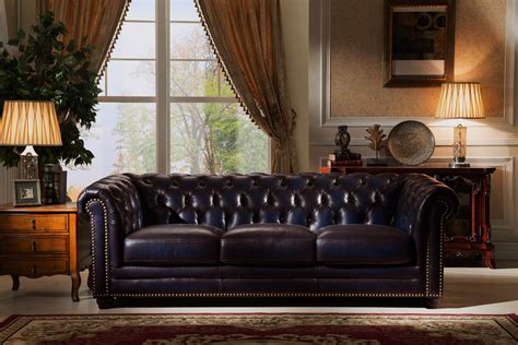Dynasty 100 Genuine Leather Chesterfield Sofa And Loveseat In Navy Blue