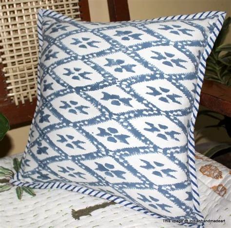 blue and white cotton hand block ikat print cushion cover size 16 16 inches at rs 150 piece in