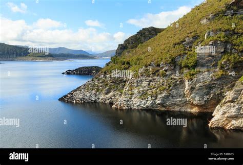 The Gordon River Dam In South West Tasmania Showing Low Water Level