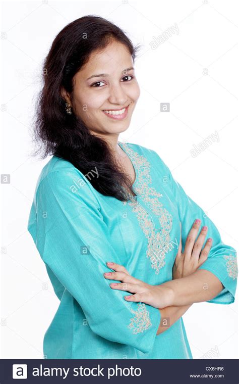 Smiling Young Indian Woman Against White Background Stock Photo Alamy