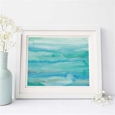 Modern Blue Green Beach Abstract Watercolor Wall Art Print Or Canvas