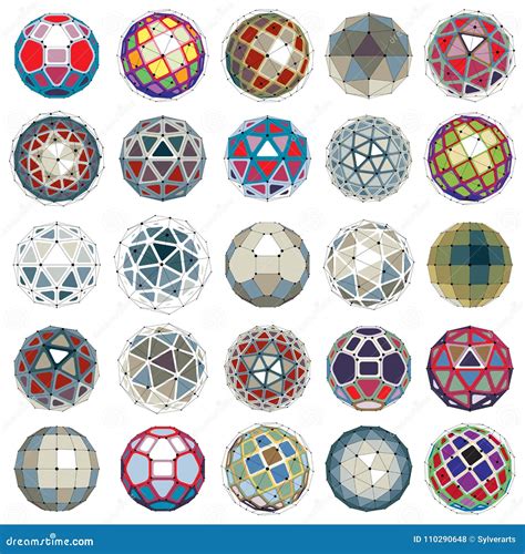 Set Of Vector Low Poly Spherical Objects With Connected Lines An Stock