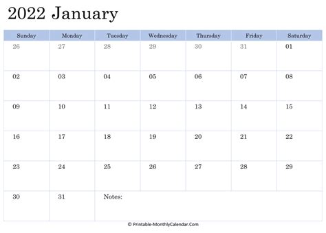2022 Printable Calendar January