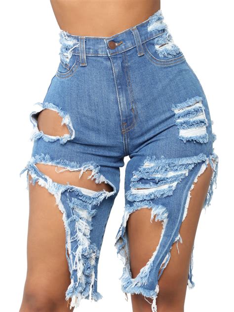 trendy irregular design half ripped jeans for women