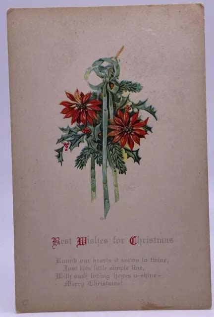 Holiday Greetings Best Wishes For Christmas Poem Holly Poinsettias Vtg