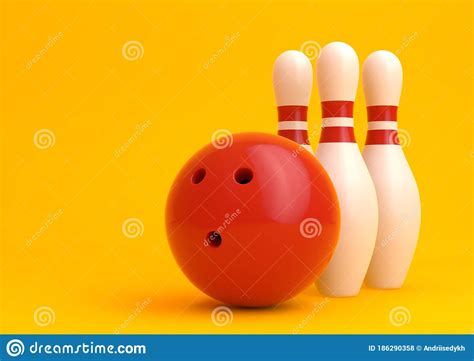 Red Bowling Ball And White Skittles Isolated On Yellow Background Stock