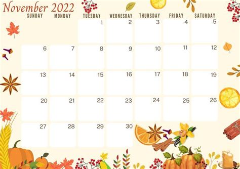 A November Calendar With Autumn Leaves And Pumpkins