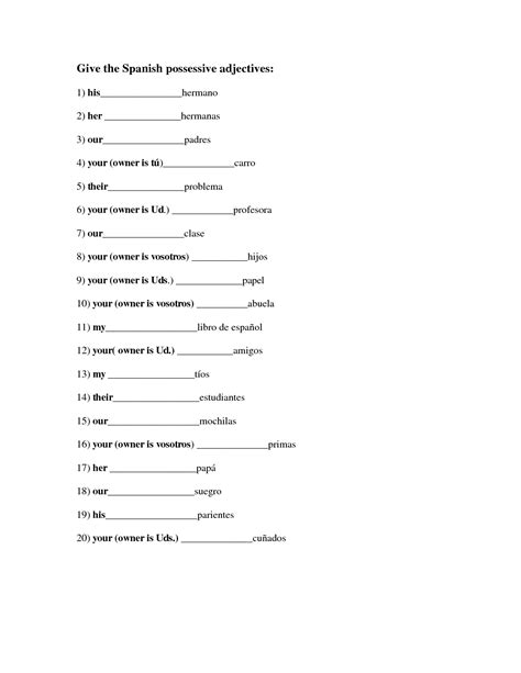 Spanish Possessive Adjectives Worksheet Worksheet