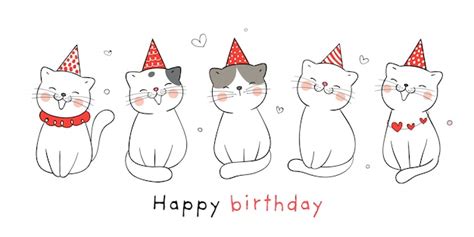 Draw Cute Cat With Party Hat For Birthday Premium Vector