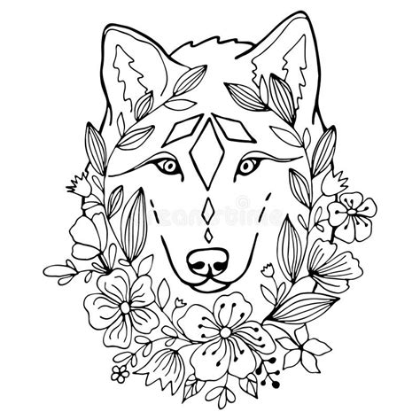 Wolf And Flowers Line Art Black Outline Animal Portrait Vector Stock